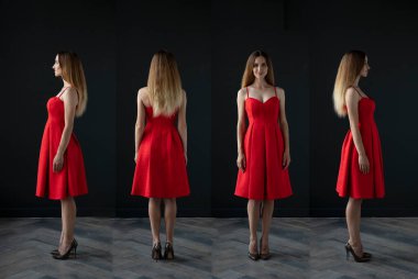 Koyu arkaplanda güzel bir kadının çeşitli yönlerinden portreler var.