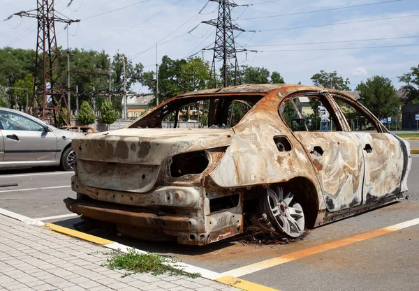 Overblijfselen Van Een Auto Vernietigd Als Gevolg Van Vijandelijkheden Regio — Stockfoto