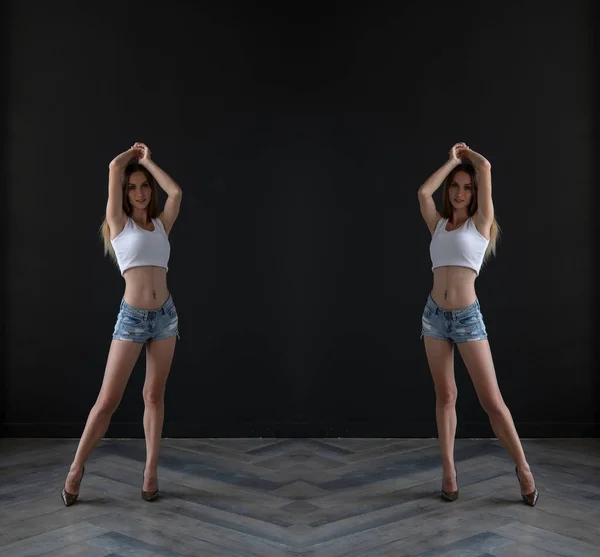 Mirrored Shot Slim Blonde Young Woman Wearing Top Shorts Posing — Photo