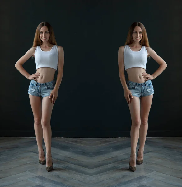 Mirrored Shot Slim Blonde Young Woman Wearing Top Shorts Posing — Foto Stock
