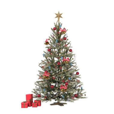 Beyaz arka plan üzerinde izole süslemeleri ile Noel ağacı