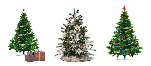 Árboles Navidad Con Decoraciones Aisladas Sobre Fondo Blanco —  Fotos de Stock