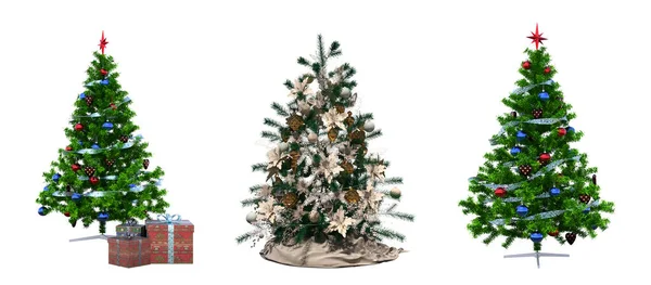 Alberi Natale Con Decorazioni Isolate Sfondo Bianco — Foto Stock