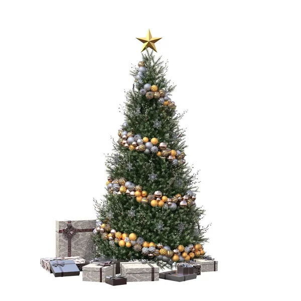 Kerstboom Met Decoraties Geïsoleerd Witte Achtergrond — Stockfoto