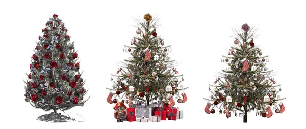 Alberi Natale Con Decorazioni Isolate Sfondo Bianco — Foto Stock