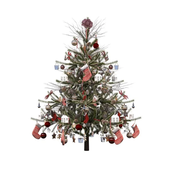 Beyaz Arka Plan Üzerinde Izole Süslemeleri Ile Noel Ağacı — Stok fotoğraf