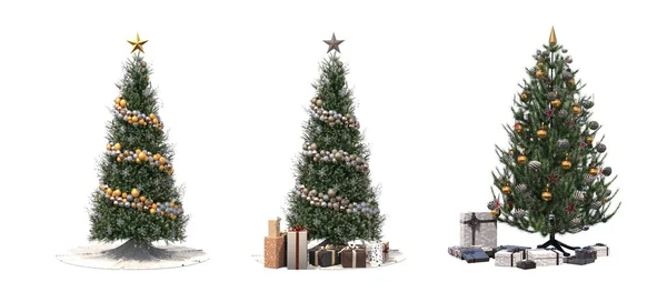 Kerstbomen Met Decoraties Geïsoleerd Witte Achtergrond — Stockfoto