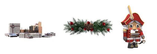Χριστουγεννιάτικες Διακοσμήσεις Διακόσμηση Πρωτοχρονιάς Απομονωμένη Λευκό Φόντο Εικονογράφηση Render — Φωτογραφία Αρχείου