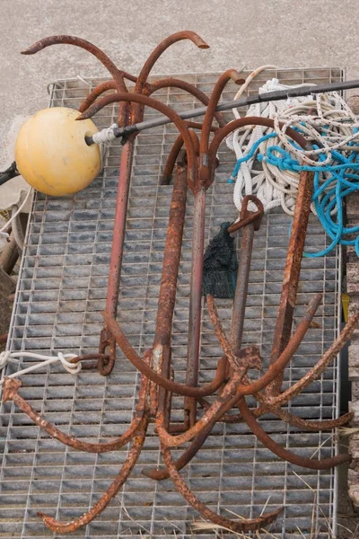 Rusty anchors, ropes and a buoy on metal slatted frame