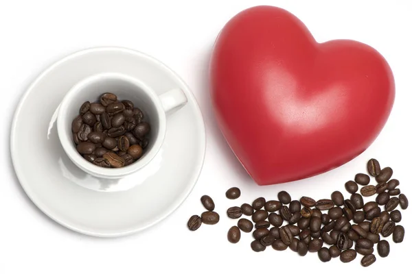 Espresso Cup Filled Coffee Beans Well Beans Red Heart White — Stock Photo, Image