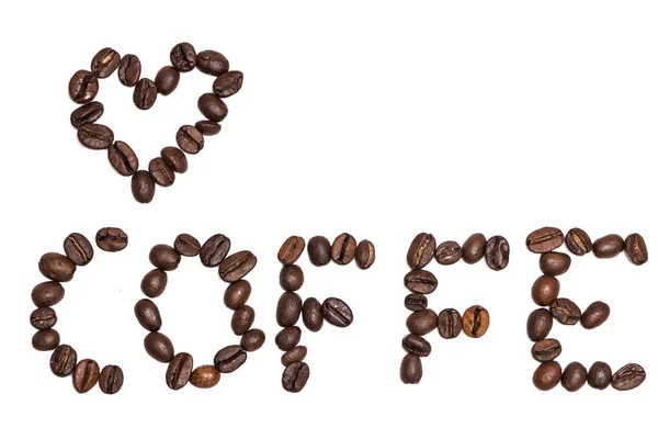 Coffee Beans White Background Representing Word Coffe Heart Concept Coffee — Stock Photo, Image