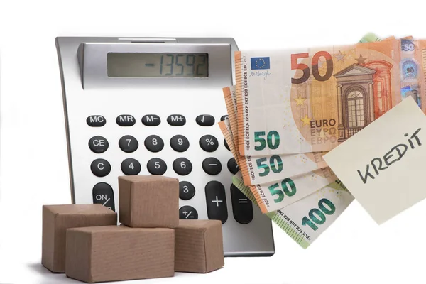 Calculadora Mostrando Deudas Con Paquetes Efectivo Nota Con Inscripción German — Foto de Stock