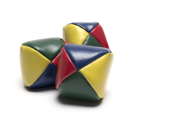 Närbild Tre Färgglada Läder Jonglering Bollar Med Text Fri Utrymme — Stockfoto