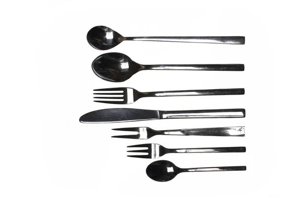 Complete Cutlery Set Knives Forks Spoons Isolated White Background — Fotografia de Stock