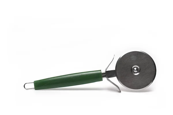 Close Pizza Cutter Rolling Cutting Wheel Green Handle Isolated White — Stockfoto