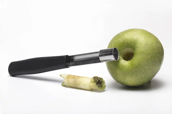 Close Apple Case Corer Coring Cored Granny Smith Apple Coring — Stock Photo, Image