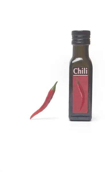 Close Bottle Chili Oil Label Designed Image Creator Hot Ripe — Stock Photo, Image