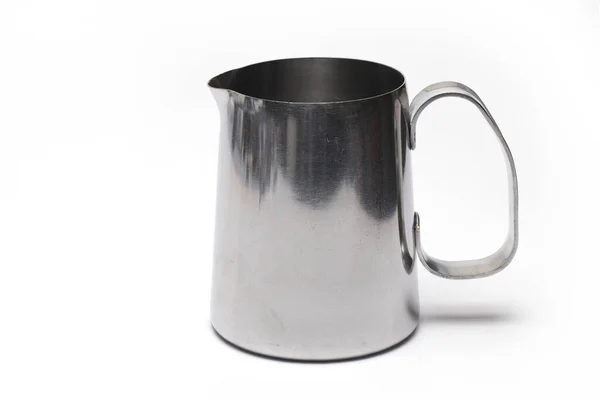 Close Metal Milk Jug Frothing Milk Cappuccino White Background — Stockfoto
