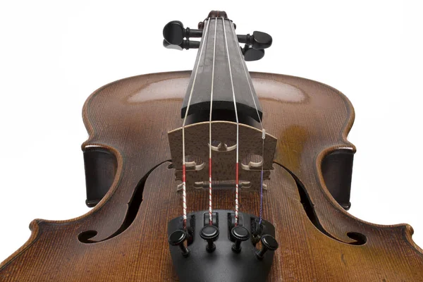 Close Sound Body Strings Old Violin Seen Diagonal White Background — стоковое фото