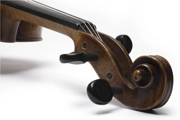 Close Neck Scroll Old Violin White Background — 스톡 사진