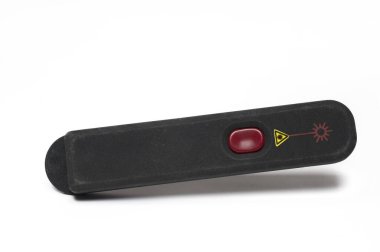 Close-up of a dark laser pointer for use in presentations on a white background