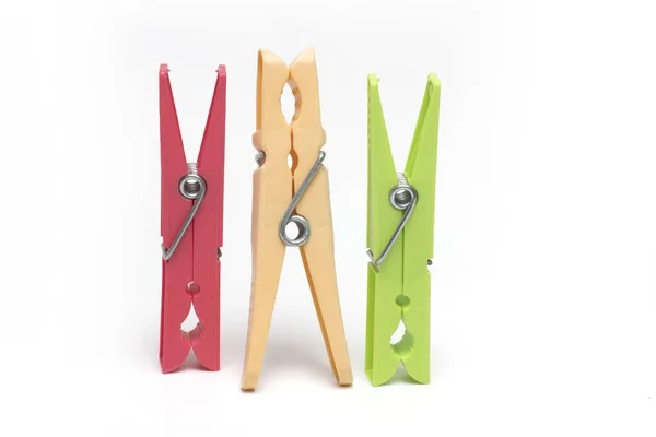 Close Three Different Colored Clothespins Side Side White Background — Stock Photo, Image