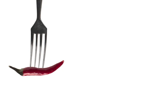 Red Chili Pepper Impaled Fork White Background — Stock Photo, Image