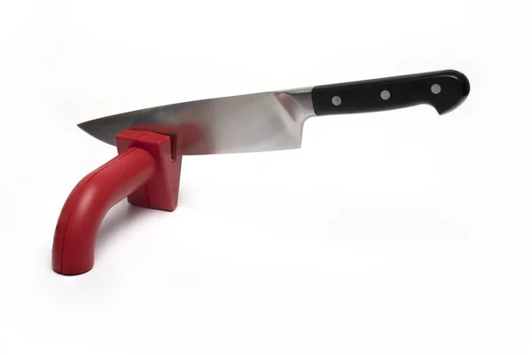 Nahaufnahme Eines Hochwertigen Großen Scharfen Fleischküchenmessers Das Über Einen Roten — Stockfoto