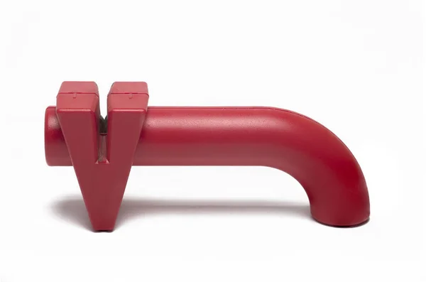 Primer Plano Amoladora Afiladora Cuchillo Plástico Rojo Moderno Para Tirar —  Fotos de Stock