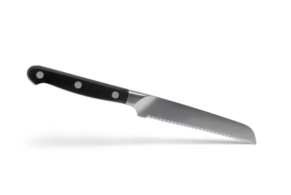 Nahaufnahme Eines Hochwertigen Kleinen Brotmessers Mit Schwarzem Griff Und Gezackter — Stockfoto