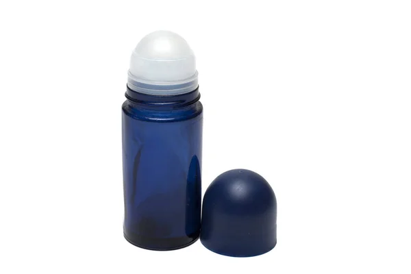 Närbild Mörkblå Deodorant Roller Med Lock Vit Bakgrund Koncept För — Stockfoto