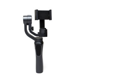 Close up of three axis stabilized motorized gimbal for creating shake free professional epic movie footage with action cams compact cameras and phones on a white background clipart