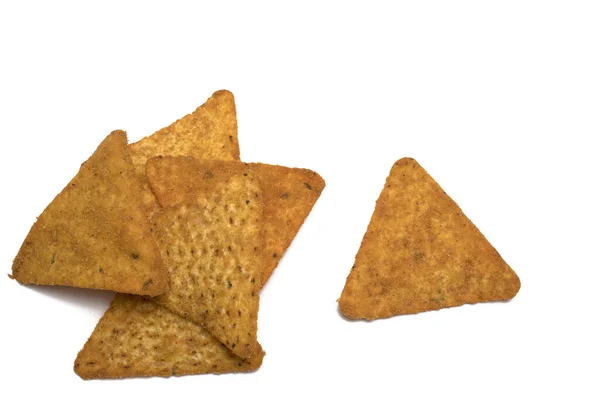 Primer Plano Pila Chips Triangulares Dorados Crujientes Tortilla Frita Una — Foto de Stock