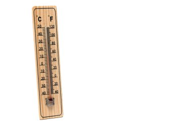 Analog ahşap termometreye yakın plan cam civa sütunlu ve siyah basamaklı beyaz zemin üzerinde santigrat ve fahrenhayt dereceleri için.