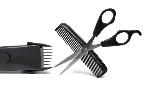 Close Hairdressing Tool Opened Barber Scissors Next Electric Hair Clipper — Stockfoto