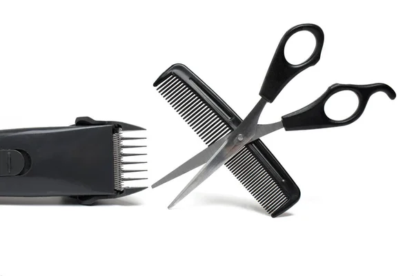 Close Hairdressing Tool Opened Barber Scissors Next Electric Hair Clipper Royalty Free Stock Images