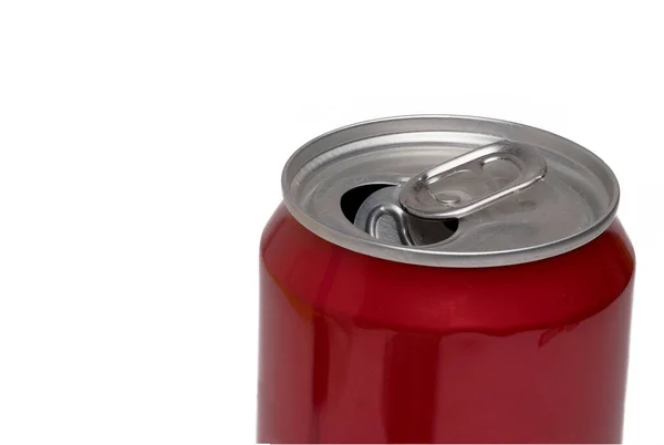 Close Opened Red Slim Aluminum Can White Background Concept Thirst — Stock Photo, Image