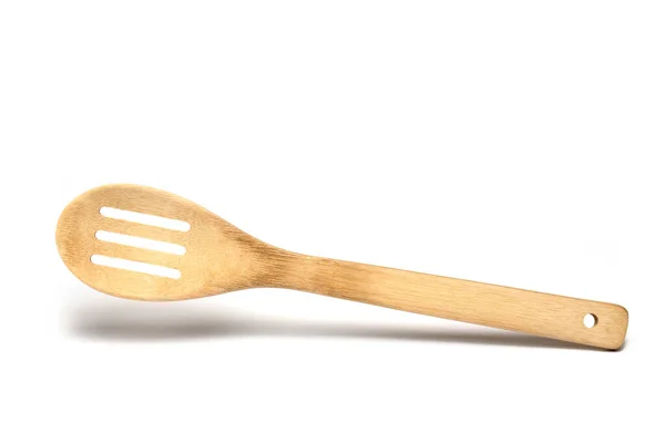 Close Bright Wooden Bamboo Wooden Cooking Spoon Three Elongated Slots — Stock Photo, Image