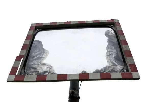 Close Damaged Faded Partially Blind Traffic Mirror Seen Oblique Red — Stock Photo, Image