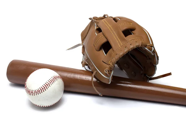 Zamknij Się Sprzęt Baseball Brązową Skórzaną Rękawicą Piłkę Czerwonym Ściegiem — Zdjęcie stockowe