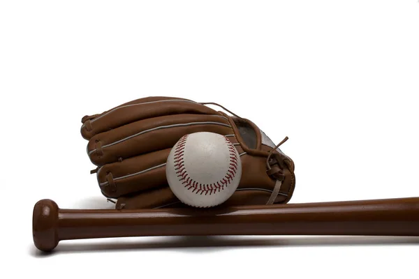 Close Partial View Brown Leather Glove Bat White Ball Red — Stock Photo, Image