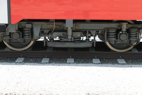 Close Wheels Axle Red Railroad Railway Wagon Rails — Stock Photo, Image