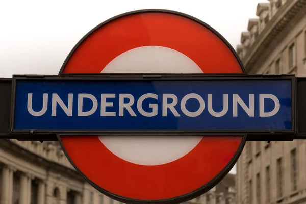 Editorial Close Red Blue Underground Metro Subway Sign Front Historic 스톡 사진