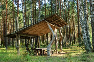 Orman çardağı, yağmura, kara ve güneşe karşı ahşaptan yapılmış bir yapı. Dinlen ve ye..