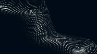 Karanlık bir zemin üzerinde akan parçacıklar dalgası. Dalgaların ve noktaların dinamik elementleriyle soyut arkaplan. Vektör illüstrasyonları