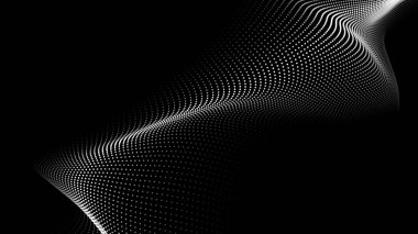 Karanlık bir zemin üzerinde akan parçacıklar dalgası. Dalgaların ve noktaların dinamik elementleriyle soyut arkaplan. Vektör illüstrasyonları