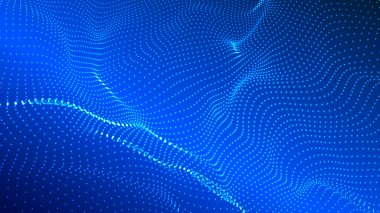 Karanlık bir zemin üzerinde akan parçacıklar dalgası. Dalgaların ve noktaların dinamik elementleriyle soyut arkaplan. Vektör illüstrasyonları