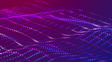 Parlak renkli noktalı güzel bir illüstrasyon. Parlayan parçacıkların karanlık ve soyut arkaplanı. Renkli bir geçmiş. 3B görüntüleme.