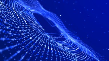 Parçacık akışı. Parlayan parçacıkların olduğu mavi dalga arkaplanı. Bilgi teknolojisi geçmişi. 3d oluşturma