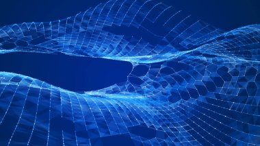 Büyük veri akışı. Bilgi teknolojisi geçmişi. Çizgiler ve noktalardan oluşan dinamik dalga arkaplanı. 3d oluşturma